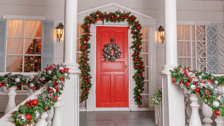 Front porch decorated for Christmas
